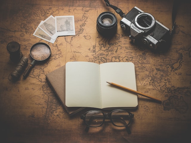 An old map, three photographs, a magnifying glass, a camera, a thread, two notebooks, a pencil, and glasses
(Let's go on an adventure!)
