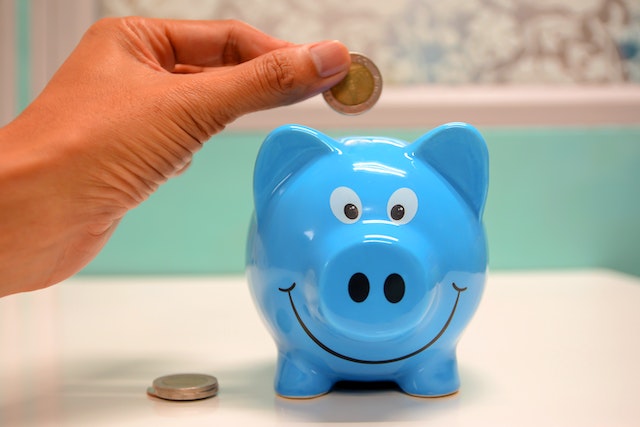 A hand putting a coin into a blue piggy-bank.
(Try saying: "The more money you save, the richer you'll be" in Serbian!)